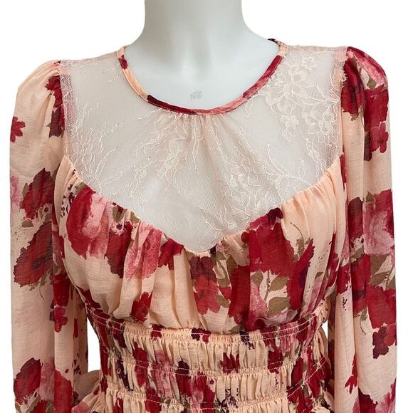 Free People  Daphne Blouse In Romantic Combo smocked longsleeve lace top‎ sz S - Picture 3 of 10